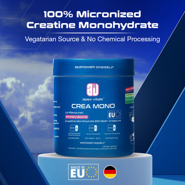 Apex Vitals Crea Mono Micronized Creatine Monohydrate 300 G - 100 Ser|German Made|Pharma Grade|Made In Europe|FDA,EFSA & FSSAI Certified|200 Mesh - Highest Filteration| Fermented & Vegetarian Source